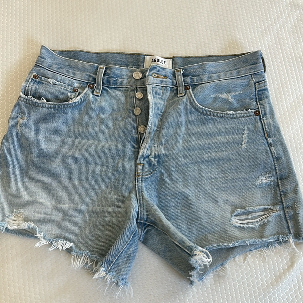 Agolde Light Blue Distressed Jean Shorts
